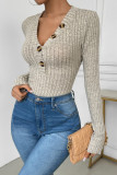 Street Daily Solid Color Buttons Potholes V Neck Skinny Bodysuits