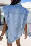Casual Solid Color Distressed Buttons Turndown Collar Sleeveless Loose Denim Jacket