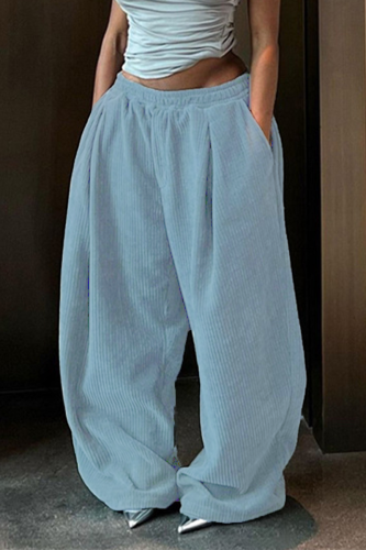 Casual Daily Solid Color Pocket Potholes Loose High Waist Straight Solid Color Bottoms