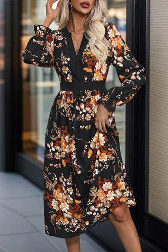 Street Elegant Floral Print Ruffle V Neck A Line Dresses