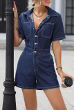 Casual Street Solid Color Pocket Buttons Turndown Collar Loose Rompers