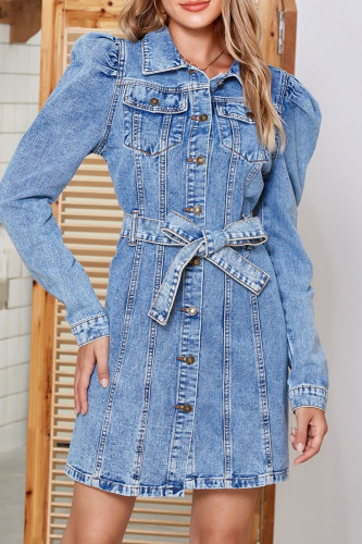 Casual Street Solid Color Distressed Lace Up Buckle Turndown Collar Long Sleeve Straight Denim Dresses