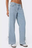 Street Solid Color Distressed Lace Up Patchwork Mid Waist Loose Denim Jeans