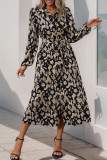 Street Elegant Floral Print Lace Up Slit Contrast Turndown Collar Long Sleeve Dresses