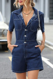 Casual Street Solid Color Pocket Buttons Turndown Collar Loose Rompers
