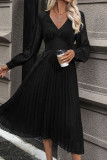 Daily Elegant Solid Color Lace Pleated V Neck Pleated Dresses
