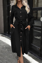 Casual Street Solid Color Lace Up Buttons Turndown Collar Shirt Dresses