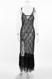 Sexy Solid Color Lace See-Through Slit V Neck Lace Dress Dresses