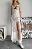 Sexy Solid Color Lace See-Through Slit V Neck Lace Dress Dresses