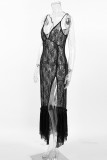 Sexy Solid Color Lace See-Through Slit V Neck Lace Dress Dresses