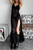 Sexy Solid Color Lace See-Through Slit V Neck Lace Dress Dresses