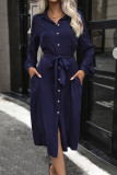 Casual Street Solid Color Lace Up Buttons Turndown Collar Shirt Dresses