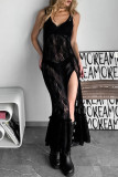 Sexy Solid Color Lace See-Through Slit V Neck Lace Dress Dresses