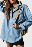 Casual Street Solid Color Distressed Pocket Turndown Collar Long Sleeve Loose Denim Jacket