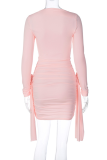 Casual Vacation Solid Color Patchwork Ruched Flower Shape O Neck Wrapped Skirt Dresses