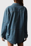 Casual Street Solid Color Distressed Pocket Turndown Collar Long Sleeve Loose Denim Jacket