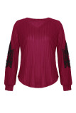 Casual Daily Solid Color Lace Potholes V Neck Tops