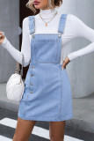 Casual Daily Solid Color Pocket Buttons Backless Square Neck Sleeveless Loose Denim Dresses