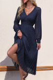 Daily Elegant Solid Color Lace Pleated V Neck Pleated Dresses