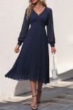 Daily Elegant Solid Color Lace Pleated V Neck Pleated Dresses