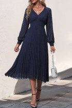 Daily Elegant Solid Color Lace Pleated V Neck Pleated Dresses