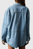 Casual Street Solid Color Distressed Pocket Turndown Collar Long Sleeve Loose Denim Jacket