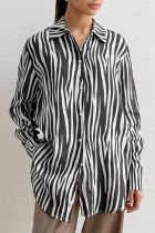 Casual Zebra Print Buttons Contrast Turndown Collar Tops