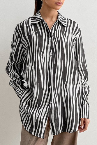 Casual Zebra Print Buttons Contrast Turndown Collar Tops
