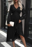 Daily Elegant Solid Color Lace Pleated V Neck Pleated Dresses