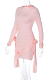 Casual Vacation Solid Color Patchwork Ruched Flower Shape O Neck Wrapped Skirt Dresses