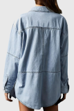 Casual Street Solid Color Distressed Pocket Turndown Collar Long Sleeve Loose Denim Jacket