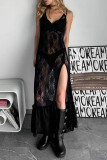 Sexy Solid Color Lace See-Through Slit V Neck Lace Dress Dresses