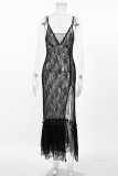 Sexy Solid Color Lace See-Through Slit V Neck Lace Dress Dresses