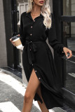 Casual Street Solid Color Lace Up Buttons Turndown Collar Shirt Dresses