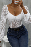 Sexy Solid Color Lace See-Through V Neck Skinny Bodysuits