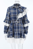 Casual Daily Plaid Lace Patchwork Ruffle With Belt Contrast Turndown Collar Shirt Dresses