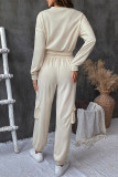 Casual Street Solid Color Pocket Lace Up Texture O Neck Long Sleeve Two Pieces
