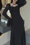 Party Elegant Solid Color Ruffle Cross Straps Ruched Mesh Square Neck Long Dresses