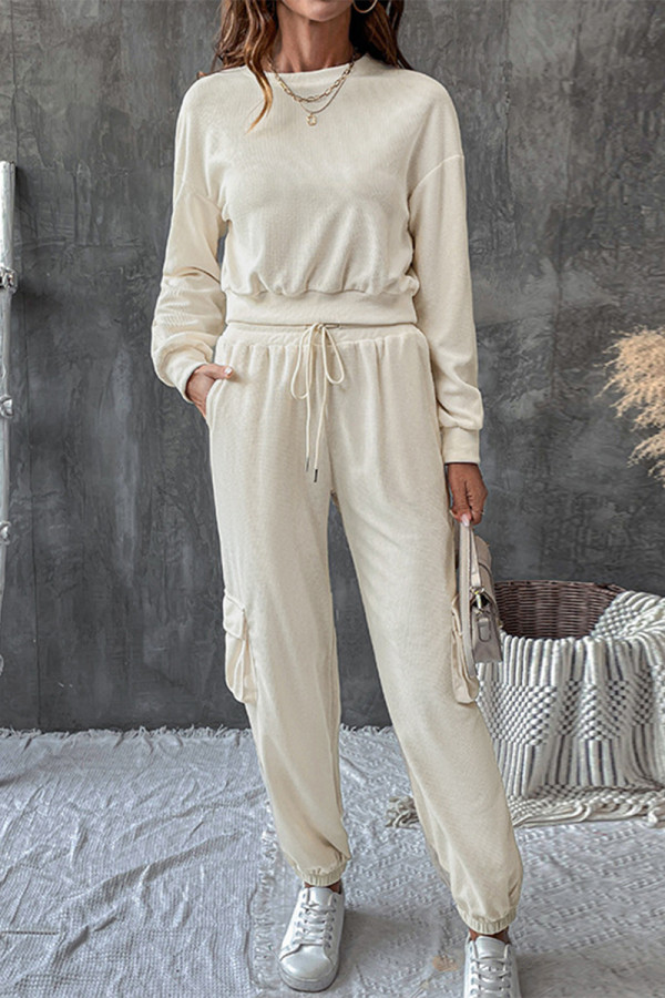 Casual Street Solid Color Pocket Lace Up Texture O Neck Long Sleeve Two Pieces