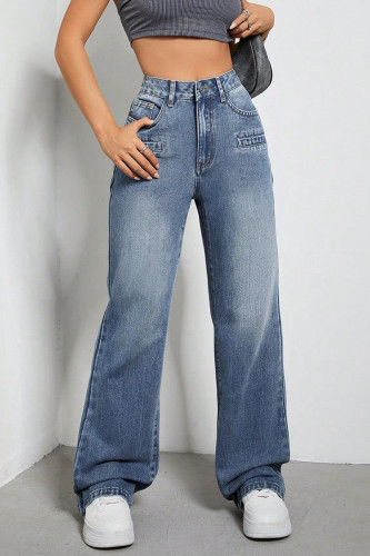 Casual Street Gradient Color Pocket Contrast High Waist Loose Denim Jeans