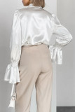 Elegant Solid Color Ruffle Pearls Decor Mandarin Collar Tops