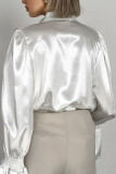 Elegant Solid Color Ruffle Pearls Decor Mandarin Collar Tops