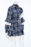Casual Daily Plaid Lace Patchwork Ruffle With Belt Contrast Turndown Collar Shirt Dresses