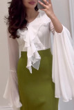 Celebrities Elegant Solid Color Stringy Selvedge Contrast V Neck Wrapped Skirt Dresses