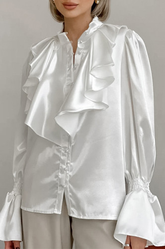 Elegant Solid Color Ruffle Pearls Decor Mandarin Collar Tops