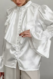 Elegant Solid Color Ruffle Pearls Decor Mandarin Collar Tops