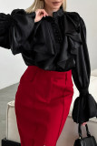 Elegant Solid Color Ruffle Pearls Decor Mandarin Collar Tops