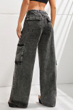 Casual Street Solid Color Distressed Pocket High Waist Loose Denim Jeans