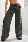 Casual Street Solid Color Distressed Pocket High Waist Loose Denim Jeans
