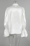 Elegant Solid Color Ruffle Pearls Decor Mandarin Collar Tops